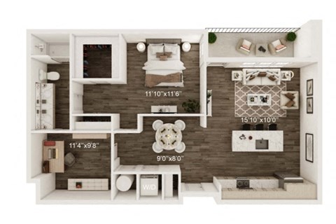 Floor plan for 1 bed, 1 bath, 978 sqft